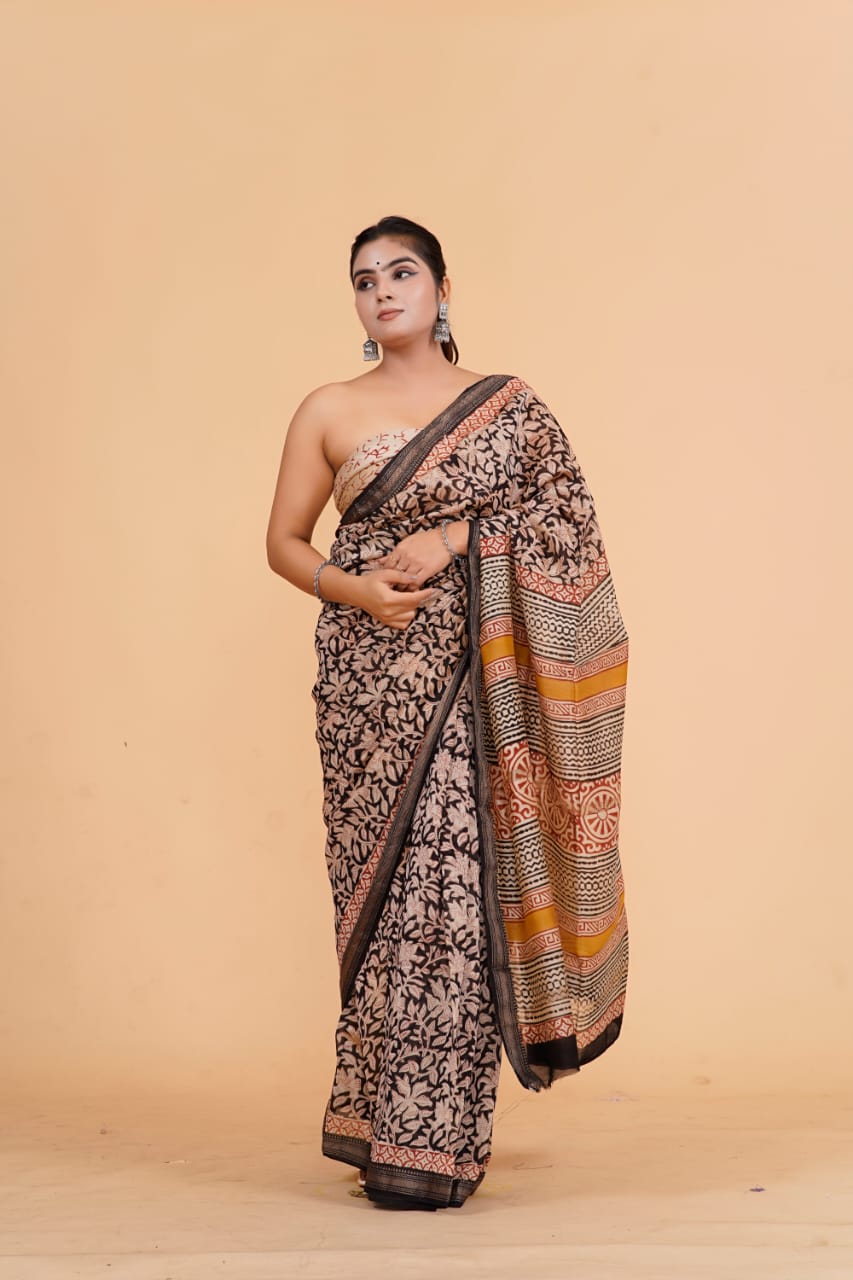 HAND BLOCK PRINTED MAHESHWARI SILK SAREE (5.5 Mtr) WITH UNSTICHED BLOUSE PIECE (90CM)