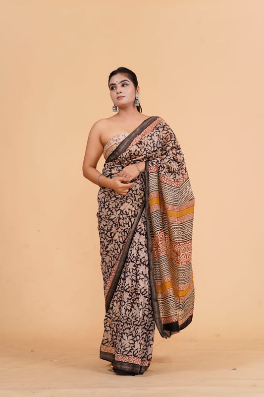 HAND BLOCK PRINTED MAHESHWARI SILK SAREE (5.5 Mtr) WITH UNSTICHED BLOUSE PIECE (90CM)