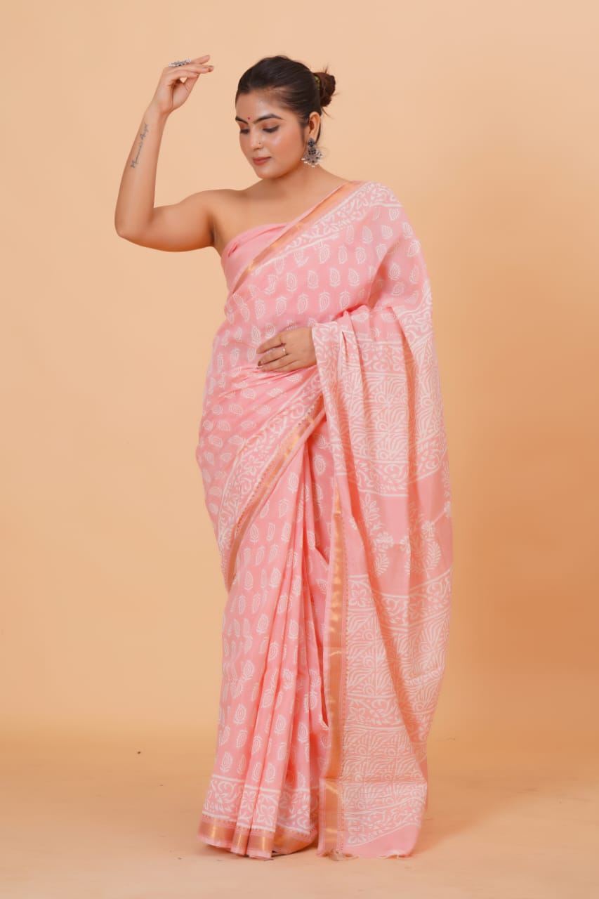 HAND BLOCK PRINTED MAHESHWARI SILK SAREE (5.5 Mtr) WITH UNSTICHED BLOUSE PIECE (90CM)