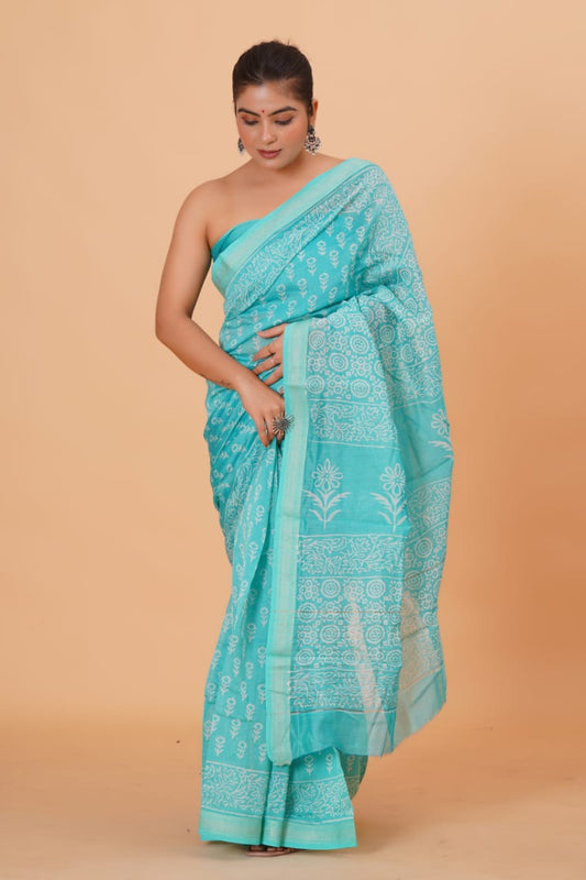 HAND BLOCK PRINTED MAHESHWARI SILK SAREE (5.5 Mtr) WITH UNSTICHED BLOUSE PIECE (90CM)