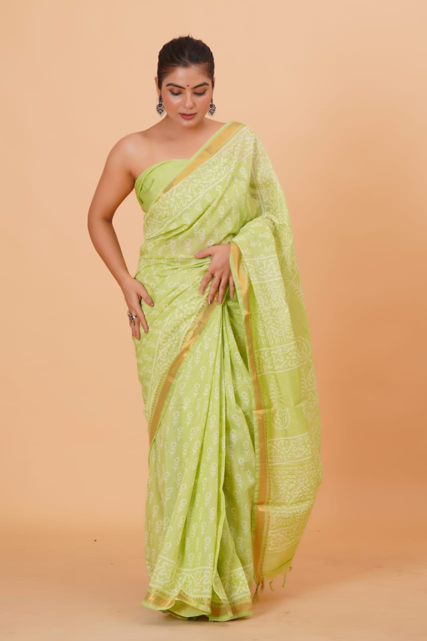 HAND BLOCK PRINTED MAHESHWARI SILK SAREE (5.5 Mtr) WITH UNSTICHED BLOUSE PIECE (90CM)