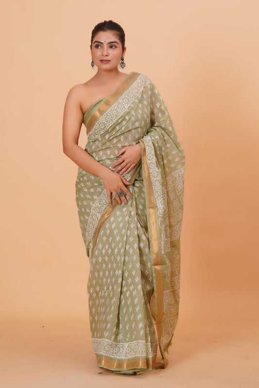 HAND BLOCK PRINTED MAHESHWARI SILK SAREE (5.5 Mtr) WITH UNSTICHED BLOUSE PIECE (90CM)
