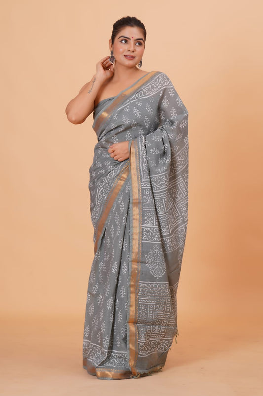 HAND BLOCK PRINTED MAHESHWARI SILK SAREE (5.5 Mtr) WITH UNSTICHED BLOUSE PIECE (90CM)