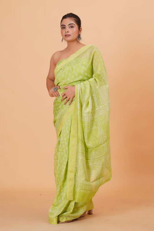 HAND BLOCK PRINTED MAHESHWARI SILK SAREE (5.5 Mtr) WITH UNSTICHED BLOUSE PIECE (90CM)