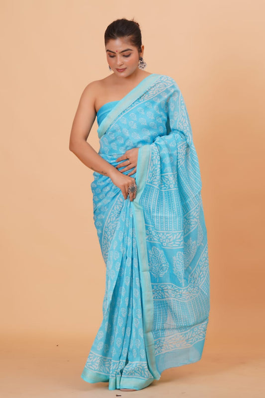 HAND BLOCK PRINTED MAHESHWARI SILK SAREE (5.5 Mtr) WITH UNSTICHED BLOUSE PIECE (90CM)