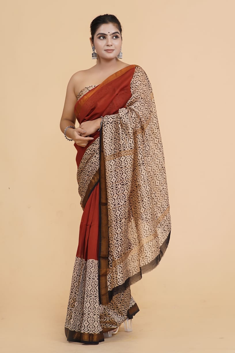 HAND BLOCK PRINTED MAHESHWARI SILK SAREE (5.5 Mtr) WITH UNSTICHED BLOUSE PIECE (90CM)