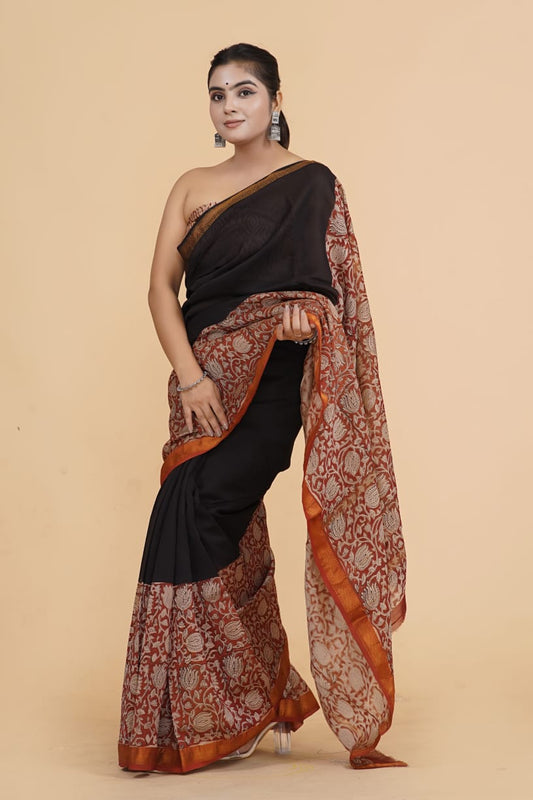 HAND BLOCK PRINTED MAHESHWARI SILK SAREE (5.5 Mtr) WITH UNSTICHED BLOUSE PIECE (90CM)