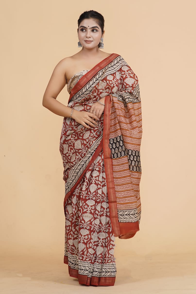 HAND BLOCK PRINTED MAHESHWARI SILK SAREE (5.5 Mtr) WITH UNSTICHED BLOUSE PIECE (90CM)