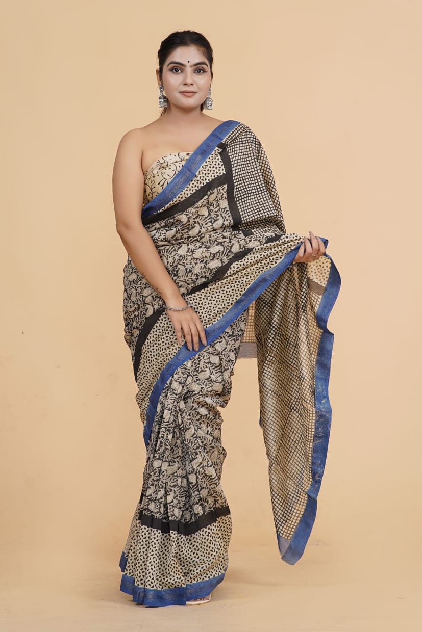 HAND BLOCK PRINTED MAHESHWARI SILK SAREE (5.5 Mtr) WITH UNSTICHED BLOUSE PIECE (90CM)