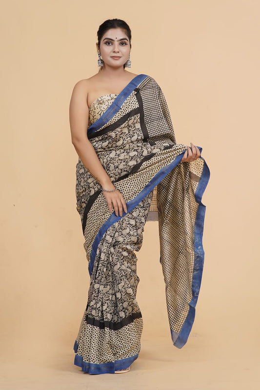 HAND BLOCK PRINTED MAHESHWARI SILK SAREE (5.5 Mtr) WITH UNSTICHED BLOUSE PIECE (90CM) (Copy)