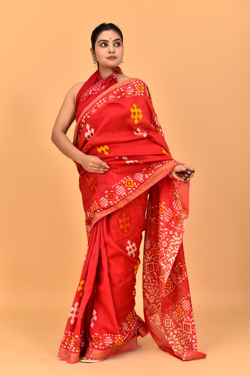 HAND BLOCK PRINTED MAHESHWARI SILK SAREE (5.5 Mtr) WITH UNSTICHED BLOUSE PIECE (90CM)