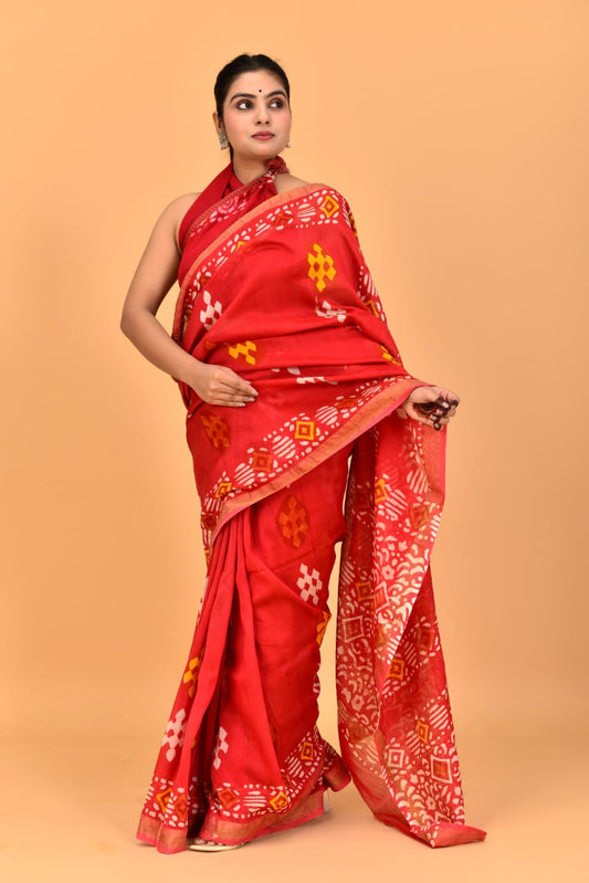HAND BLOCK PRINTED MAHESHWARI SILK SAREE (5.5 Mtr) WITH UNSTICHED BLOUSE PIECE (90CM)