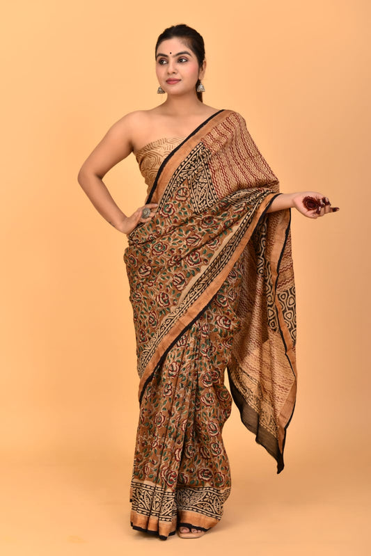HAND BLOCK PRINTED MAHESHWARI SILK SAREE (5.5 Mtr) WITH UNSTICHED BLOUSE PIECE (90CM)