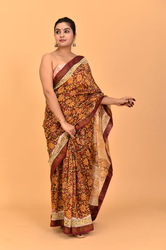 HAND BLOCK PRINTED MAHESHWARI SILK SAREE (5.5 Mtr) WITH UNSTICHED BLOUSE PIECE (90CM)