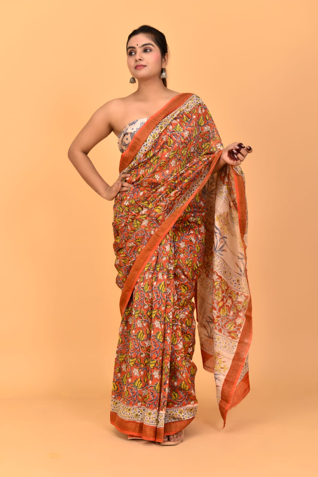 HAND BLOCK PRINTED MAHESHWARI SILK SAREE (5.5 Mtr) WITH UNSTICHED BLOUSE PIECE (90CM)