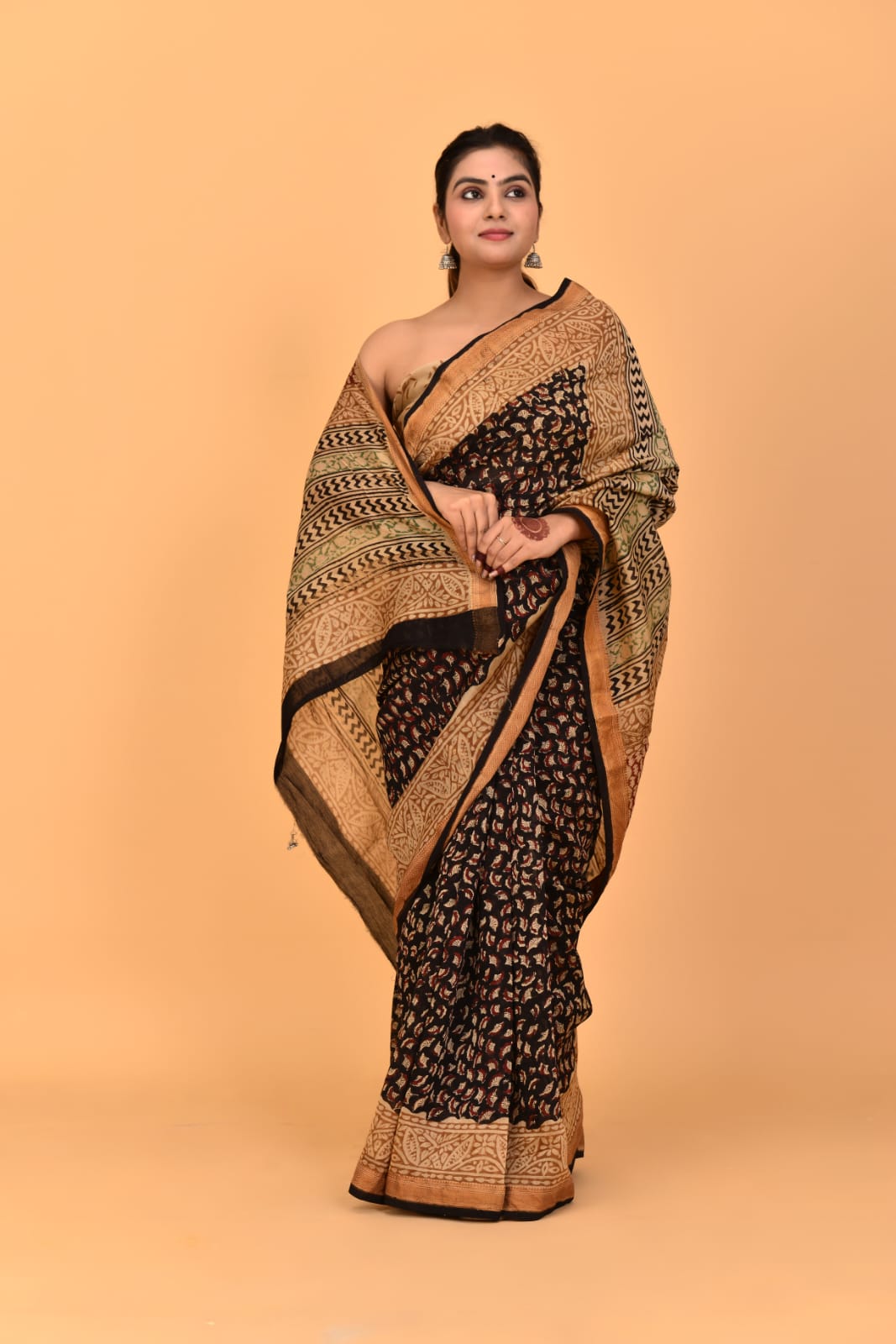 HAND BLOCK PRINTED MAHESHWARI SILK SAREE (5.5 Mtr) WITH UNSTICHED BLOUSE PIECE (90CM)
