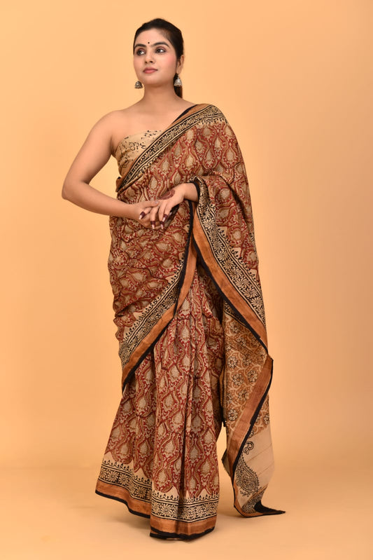 HAND BLOCK PRINTED MAHESHWARI SILK SAREE (5.5 Mtr) WITH UNSTICHED BLOUSE PIECE (90CM)