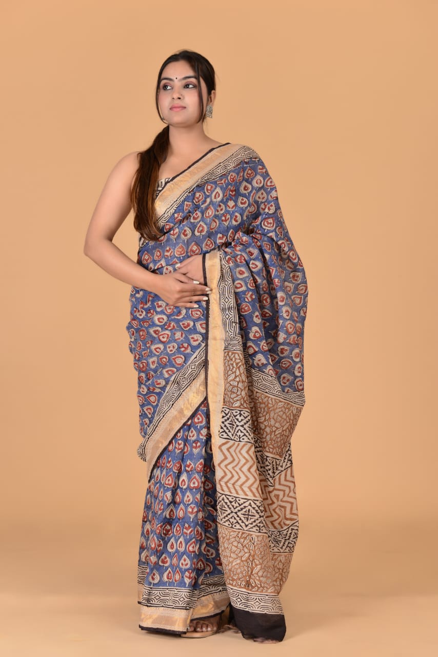 HAND BLOCK PRINTED MAHESHWARI SILK SAREE (5.5 Mtr) WITH UNSTICHED BLOUSE PIECE (90CM)