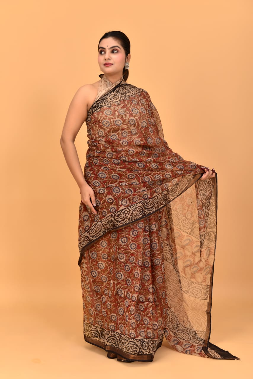 Hand Block Printed Jari Border Pure Kota Doria Saree (5.5 Mtr) With Unstiched Kota Doria Blouse Piece (90 CM)