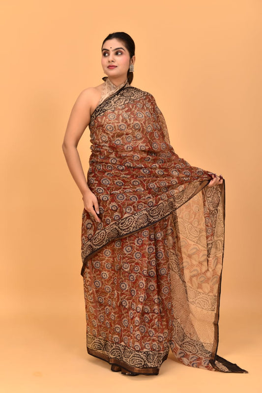 Hand Block Printed Jari Border Pure Kota Doria Saree (5.5 Mtr) With Unstiched Kota Doria Blouse Piece (90 CM)