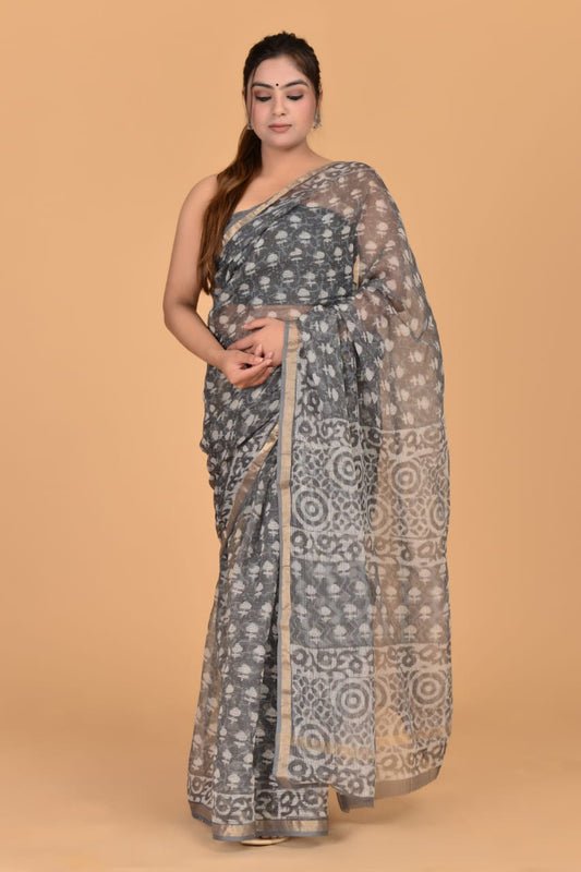 Hand Block Printed Jari Border Pure Kota Doria Saree (5.5 Mtr) With Unstiched Kota Doria Blouse Piece (90 CM)