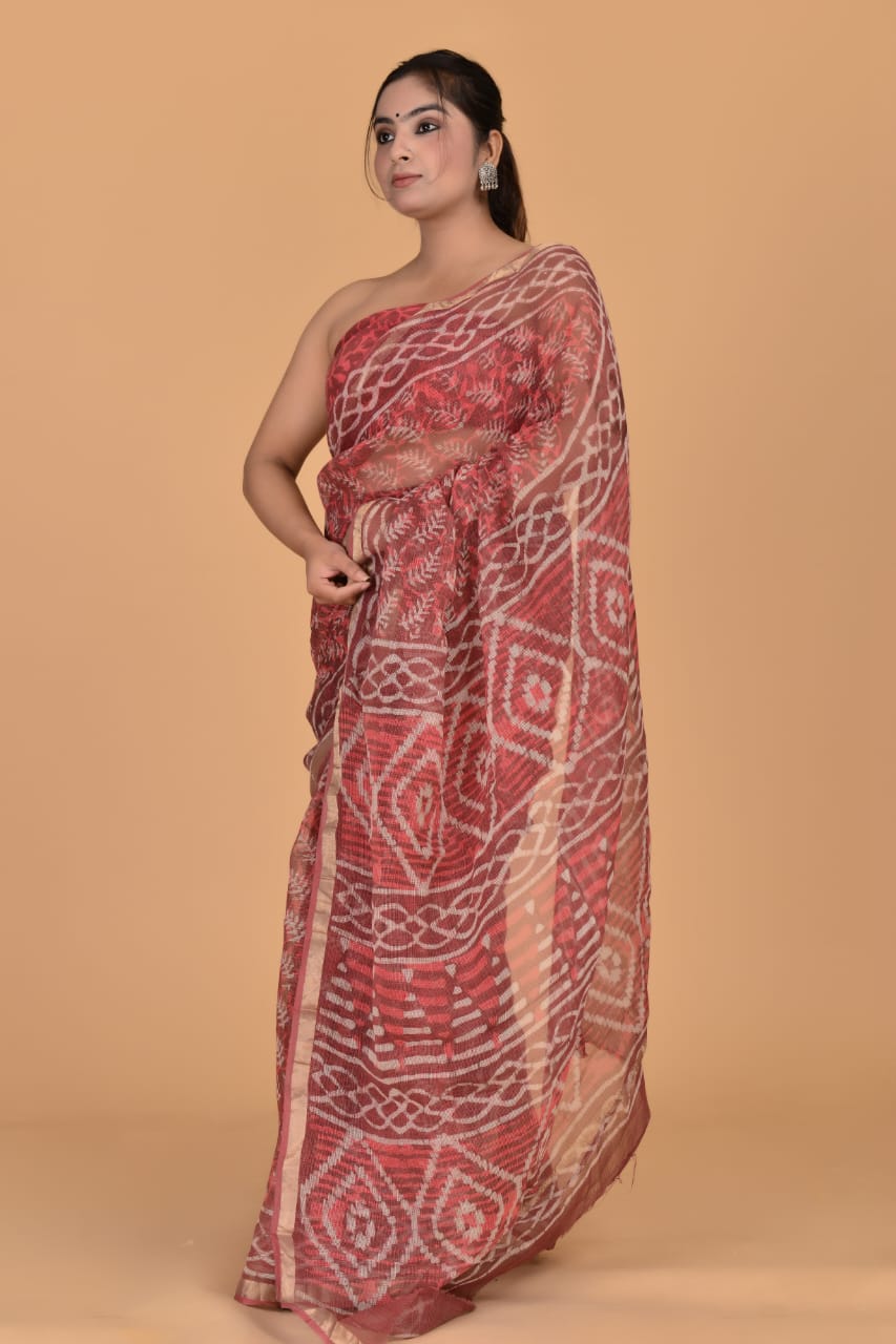 Hand Block Printed Jari Border Pure Kota Doria Saree (5.5 Mtr) With Unstiched Kota Doria Blouse Piece (90 CM)