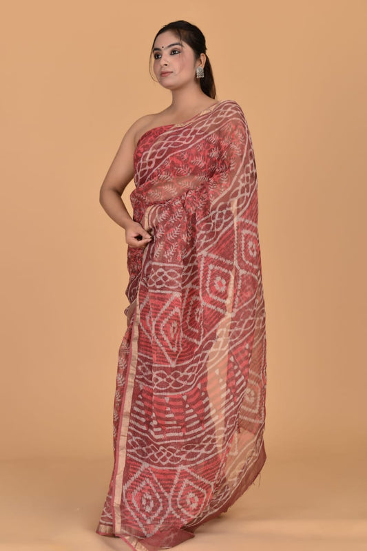 Hand Block Printed Jari Border Pure Kota Doria Saree (5.5 Mtr) With Unstiched Kota Doria Blouse Piece (90 CM)