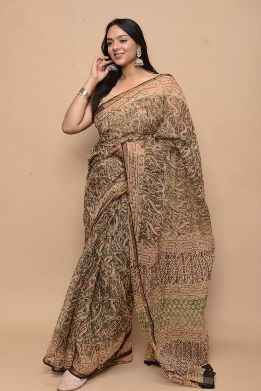 Hand Block Printed Jari Border Pure Kota Doria Saree (5.5 Mtr) With Unstiched Kota Doria Blouse Piece (90 CM)