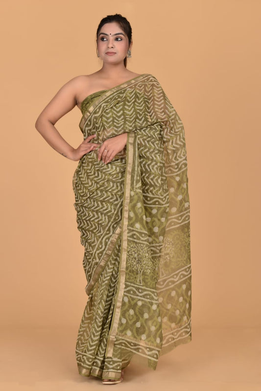 Hand Block Printed Jari Border Pure Kota Doria Saree (5.5 Mtr) With Unstiched Kota Doria Blouse Piece (90 CM)