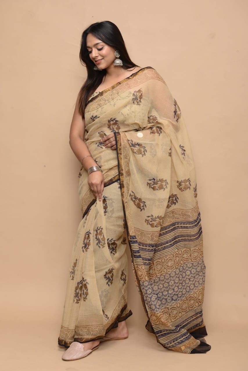 Hand Block Printed Jari Border Pure Kota Doria Saree (5.5 Mtr) With Unstiched Kota Doria Blouse Piece (90 CM)