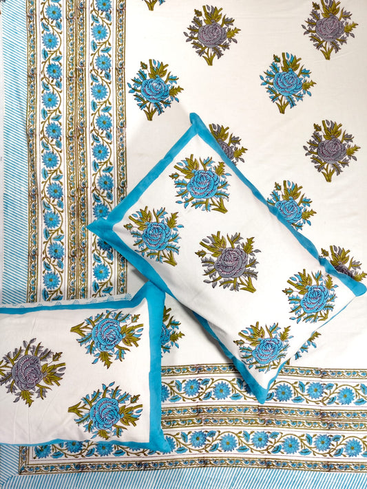 ♻️Pure Hand Block King Size Cotton Badsheet With 2 Zipped Reversable Pillow Covers