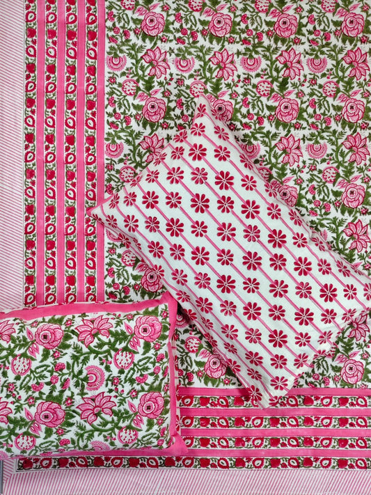 ♻️Pure Hand Block King Size Cotton Badsheet With 2 Zipped Reversable Pillow Covers