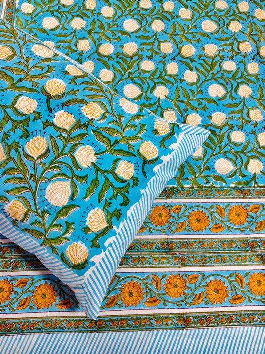 ♻️Pure Hand Block King Size Cotton Badsheet With 2 Zipped Reversable Pillow Covers