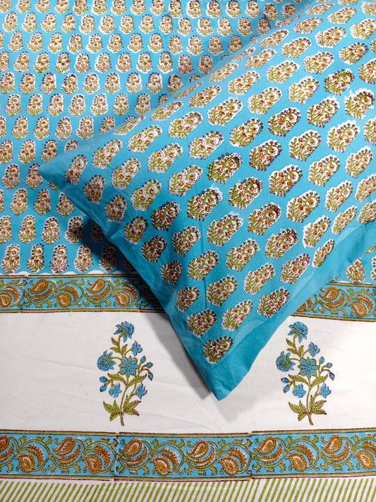 ♻️Pure Hand Block King Size Cotton Badsheet With 2 Zipped Reversable Pillow Covers