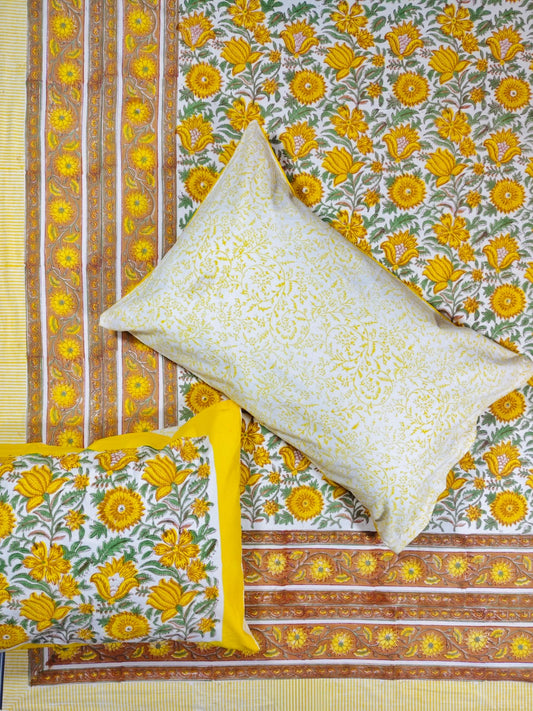 ♻️Pure Hand Block King Size Cotton Badsheet With 2 Zipped Reversable Pillow Covers