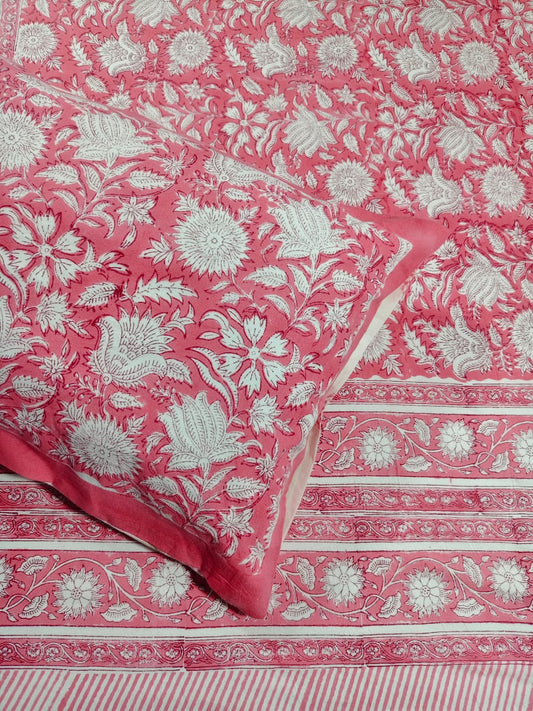 ♻️Pure Hand Block King Size Cotton Badsheet With 2 Zipped Reversable Pillow Covers