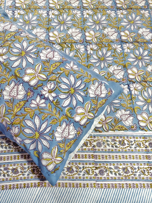 ♻️Pure Hand Block King Size Cotton Badsheet With 2 Zipped Reversable Pillow Covers