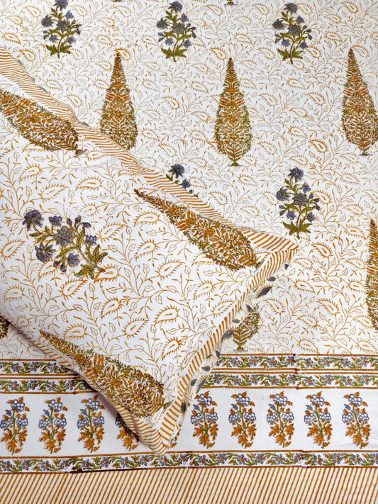 ♻️Pure Hand Block King Size Cotton Badsheet With 2 Zipped Reversable Pillow Covers