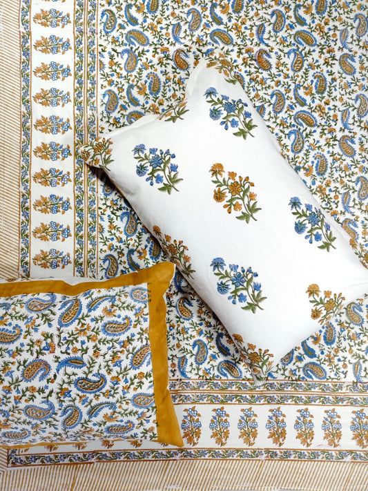 ♻️Pure Hand Block King Size Cotton Badsheet With 2 Zipped Reversable Pillow Covers