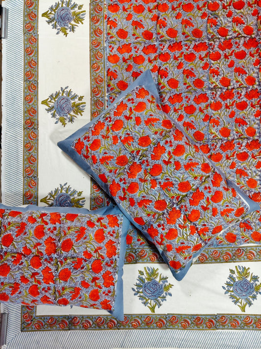 ♻️Pure Hand Block King Size Cotton Badsheet With 2 Zipped Reversable Pillow Covers