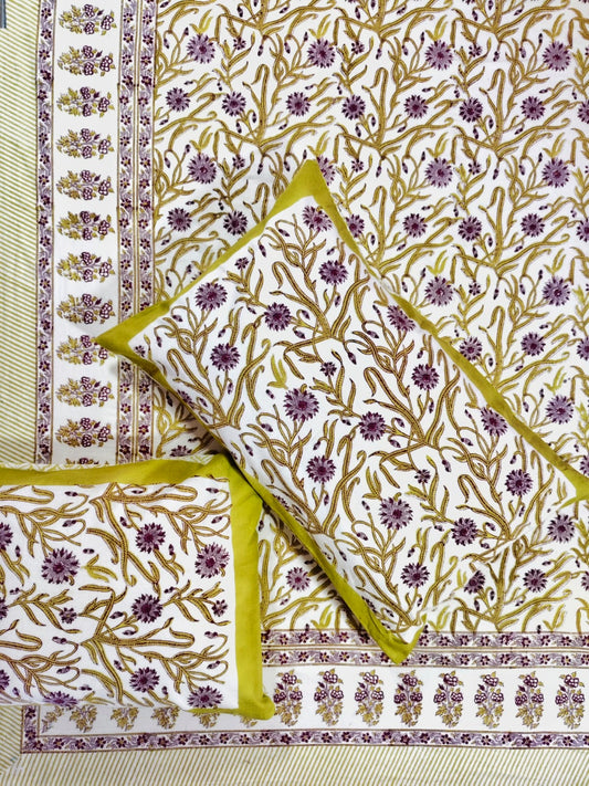 ♻️Pure Hand Block King Size Cotton Badsheet With 2 Zipped Reversable Pillow Covers