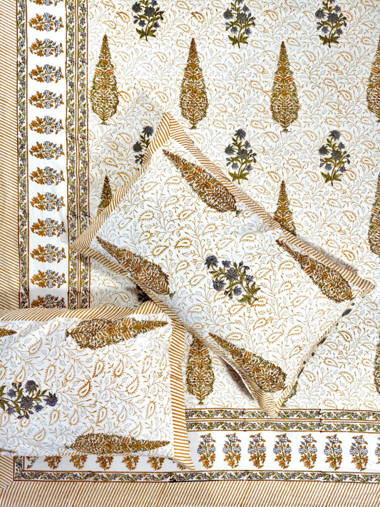 ♻️Pure Hand Block King Size Cotton Badsheet With 2 Zipped Reversable Pillow Covers