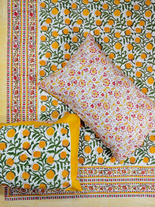 ♻️Pure Hand Block King Size Cotton Badsheet With 2 Zipped Reversable Pillow Covers