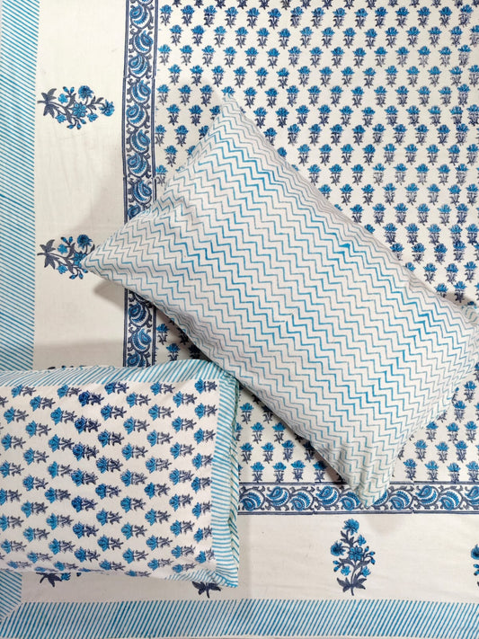 ♻️Pure Hand Block King Size Cotton Badsheet With 2 Zipped Reversable Pillow Covers