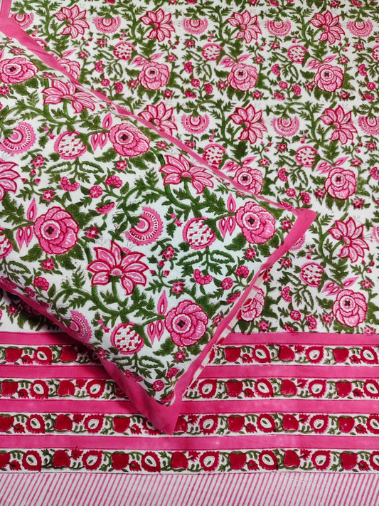 ♻️Pure Hand Block King Size Cotton Badsheet With 2 Zipped Reversable Pillow Covers