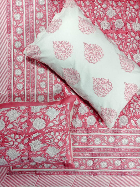 ♻️Pure Hand Block King Size Cotton Badsheet With 2 Zipped Reversable Pillow Covers