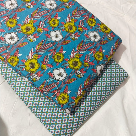Floral Printed Pure Cotton Unstitched Top Bottom Combo Set 2.5 Mtr Top 2.5 Mtr Bottom