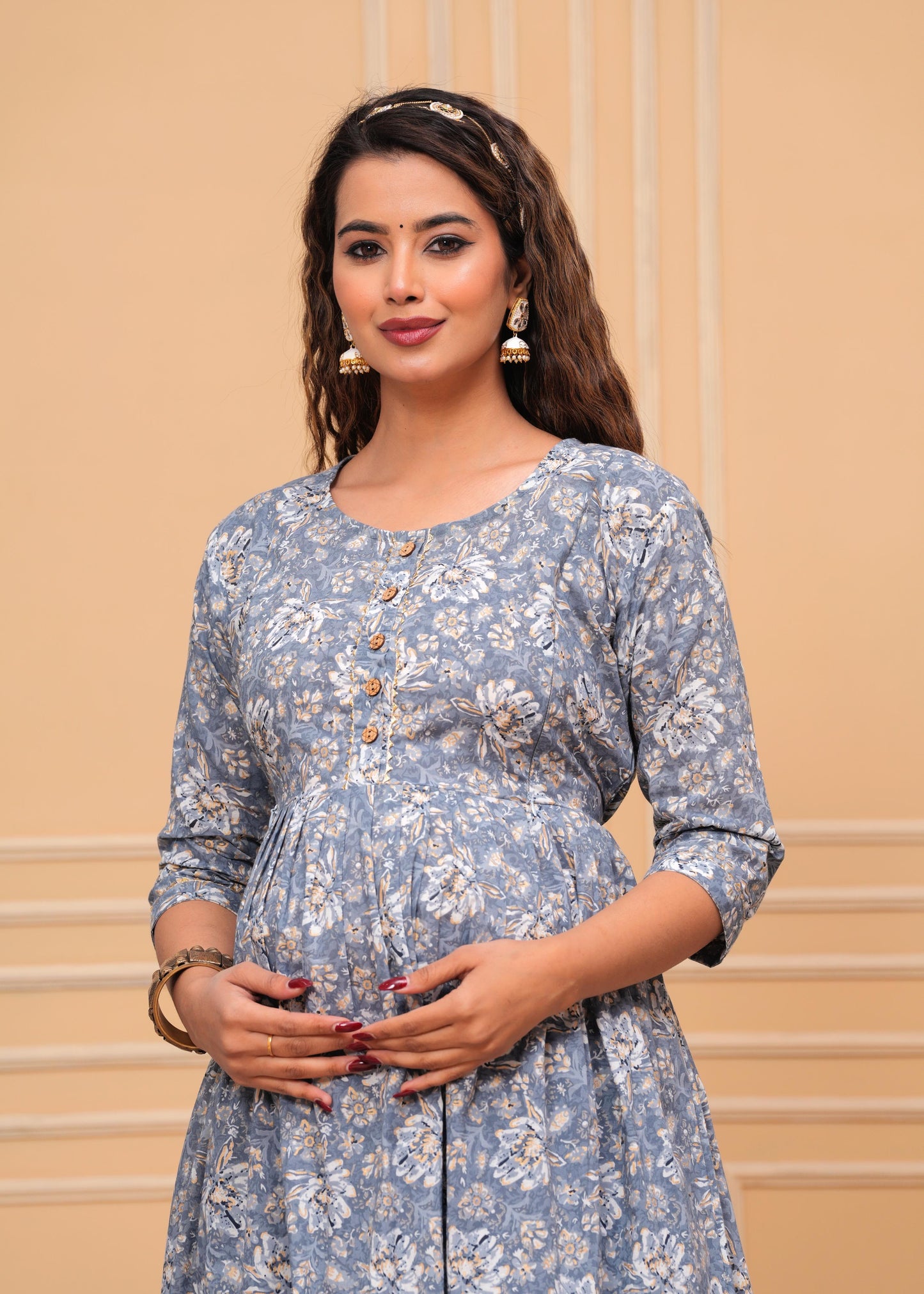 New Exclusive Cotton Cambric Floral Printed With Zip Design Maternity Gawn