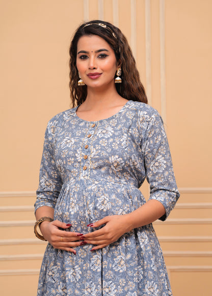 New Exclusive Cotton Cambric Floral Printed With Zip Design Maternity Gawn