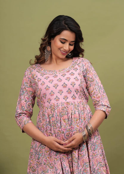 New Exclusive Cotton Cambric Floral Printed With Zip Design Maternity Gawn